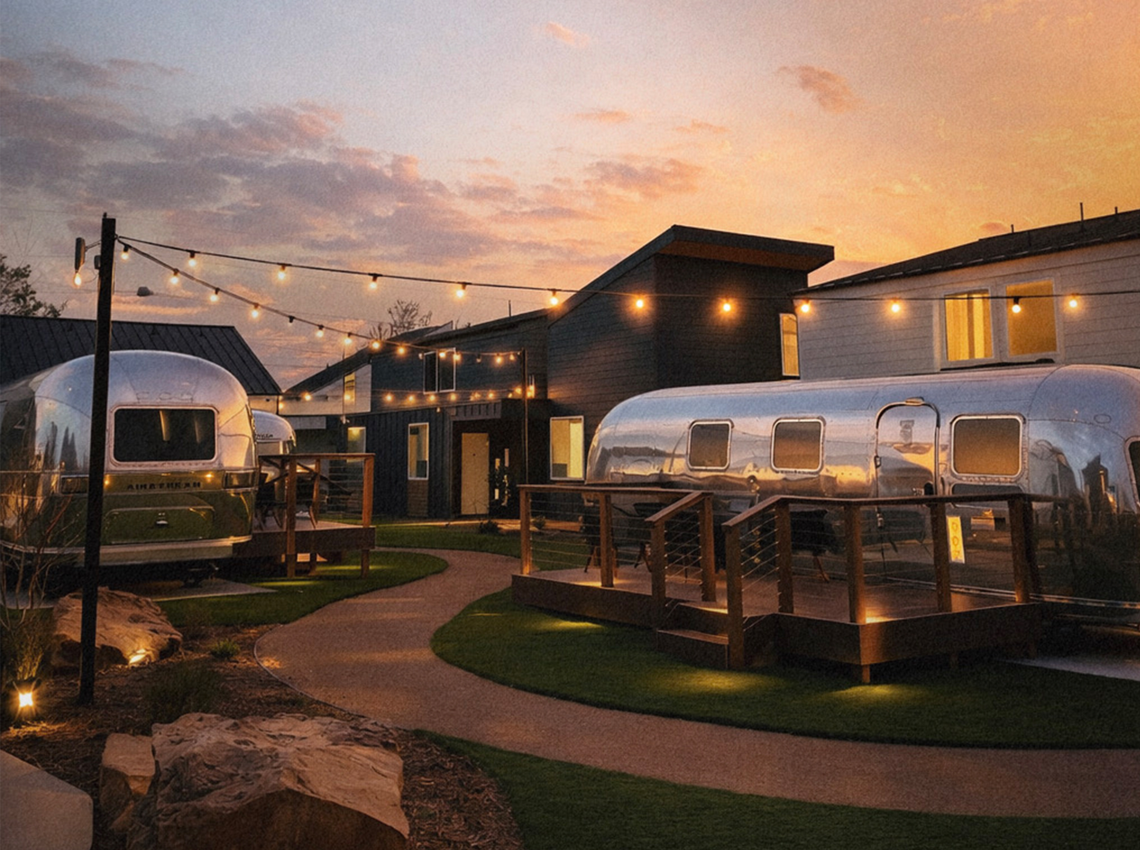 Polished Airstream suite at golden hour in the SOMA courtyard