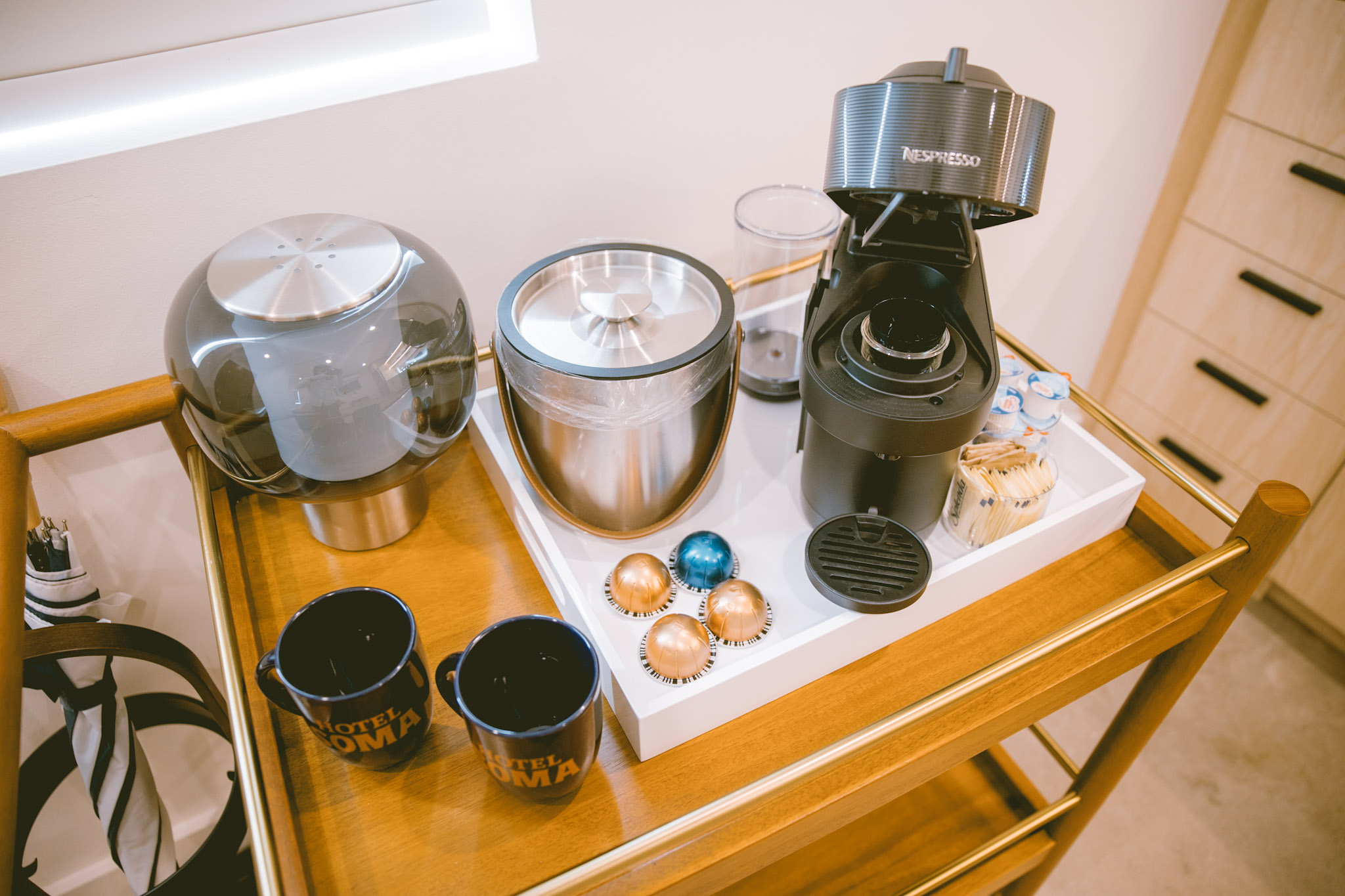 In-room espresso and coffee cart inside a Hotel SOMA casita